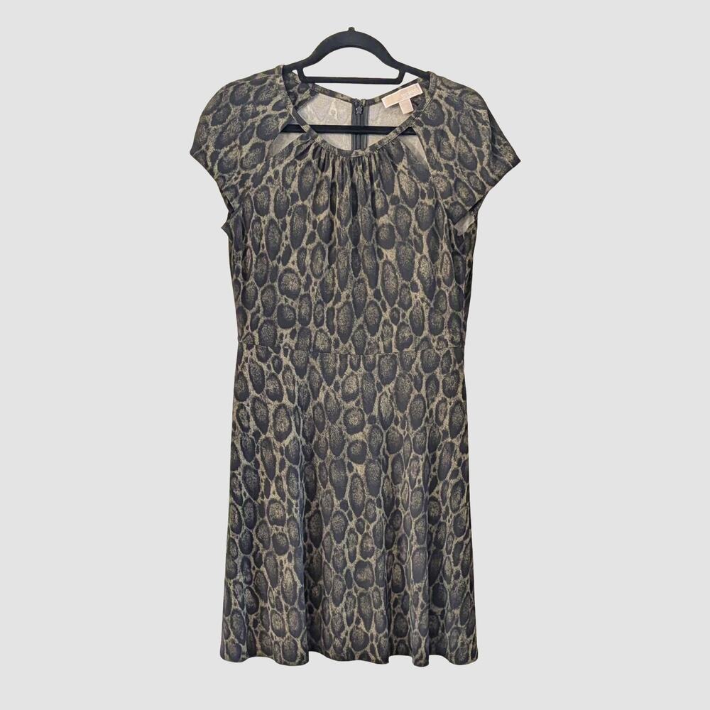 Michael Kors Snake Animal Print Dress Medium Olive Green Fit Flare Keyhole Neck
